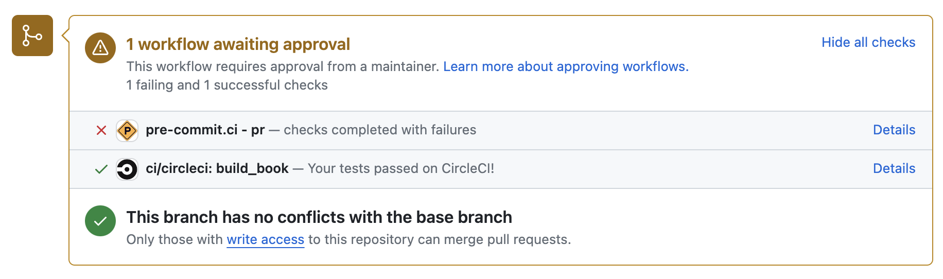 A screenshot of the GitHub CI notifications for a sample pyOpenSci repository. There are four rows of information. The first row reads "1 workflow awaiting approval. This workflow requires approval from a maintainer. Learn more about approving workflows. 1 failing and 1 successful checks. To the far right of the row is linked text reading Hide all checks. The text Learn more about approving workflows is linked. The second row has a red x on the left, followed by the letter P in a gold square, and the text pre-commit.ci - pr -- checks completed with failures. To the far right is linked text reading Details. On the third row there is a green check mark followed by the Circle CI logo and the text ci/circleci: build_book -- Your tests passed on CircleCI! And to the far right there is linked text reading Details. The fourth and final row has a small white checkmark inside a large green circle with text reading This branch has no conflicts with the base branch. Only those with write access to this repository can merge pull requests. The text write access is linked.