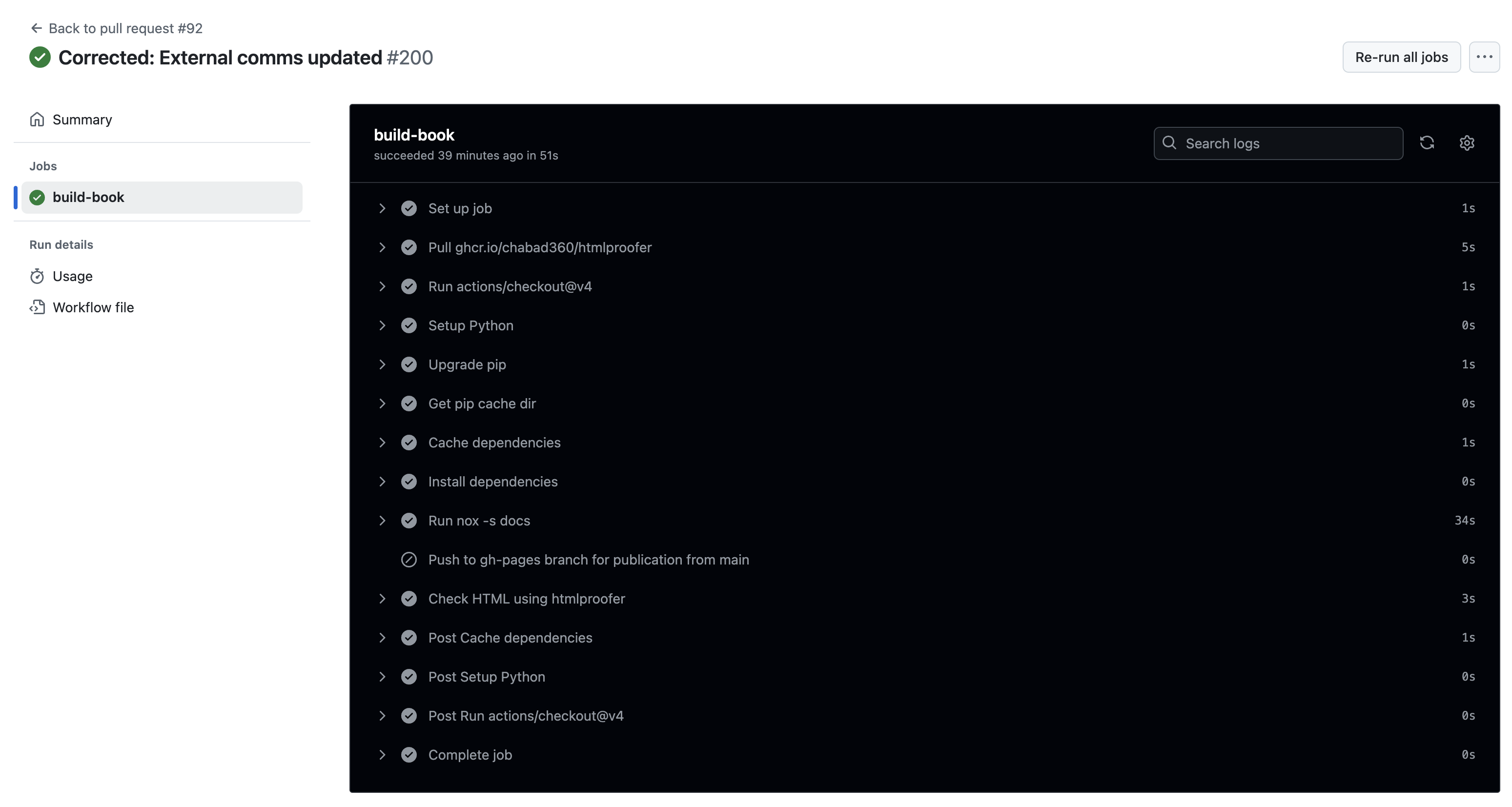 A screenshot of the build-book jobs page in GitHub. There's a white column to the left with the job name and run details, and a large black box to the right with all of the various dropdowns within the build-book job. The htmlproofer dropdown is just over halfway down the page.