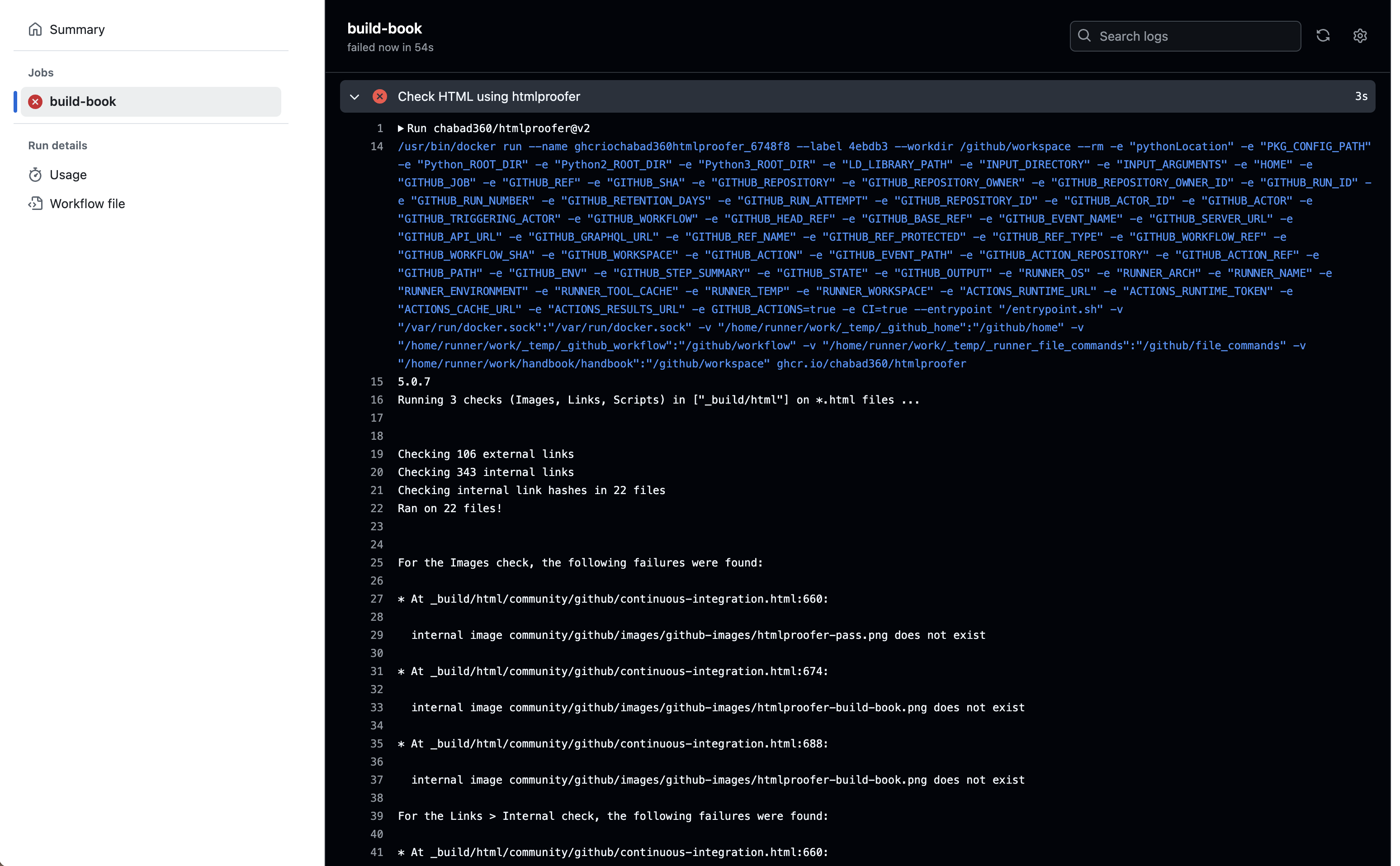 A screenshot of the build-book jobs page in GitHub with htmlproofer expanded. There's a white column to the left with the job name and run details with a large red X next to build-book, and a large black box to the right with all of the various dropdowns within the build-book job. The htmlproofer dropdown has a red X next to it, and is just over halfway down the page. When expanded, it reveals information such as the run details, which checks were run, how many links were checked, whether or not HTMLProofer was successful, and how long the run took.