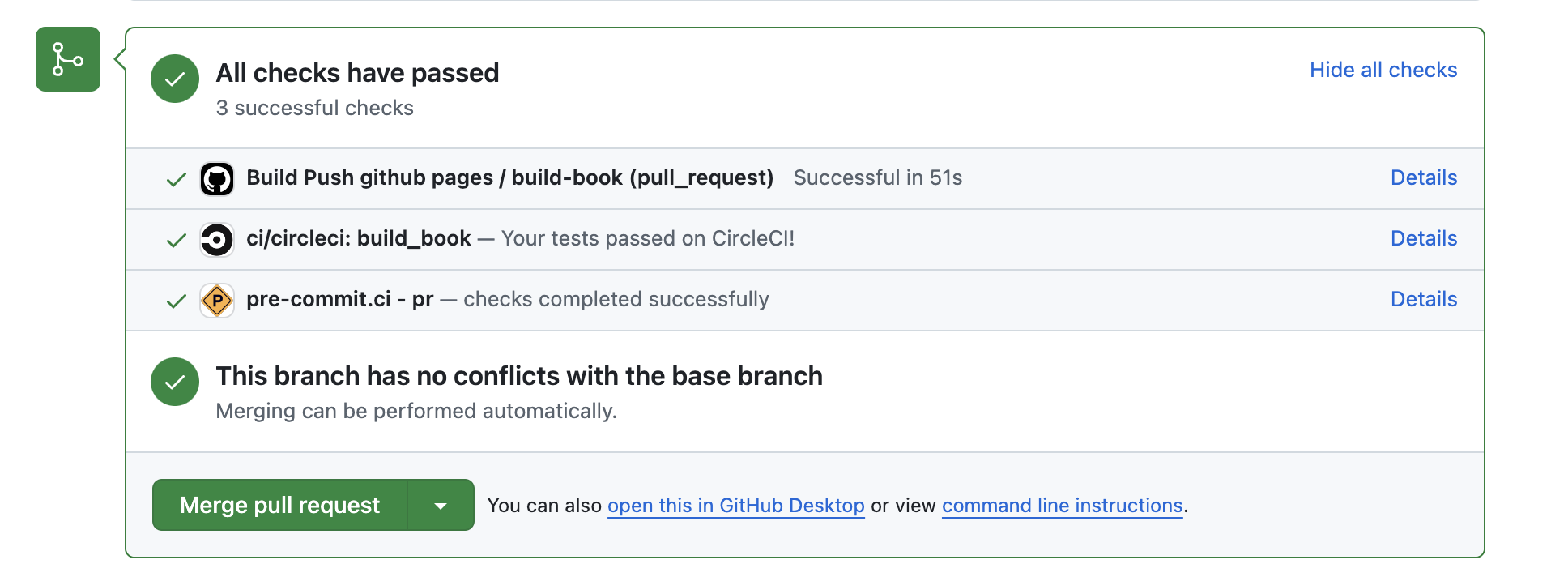 A screenshot of the GitHub CI notifications for a sample pyOpenSci repository. There is a header that reads All checks have passed, with the text 3 successful checks beneath it. To the right side of the header is linked text reading Hide all checks. Below the header are three rows of information. The first row reads Build Push github pages / build-book (pull_request), the second reads ci/circleci: build_book -- Your tests passed on CircleCI!, and the third reads pre-commi.ci - pr -- checks completed successfully. There is a green checkmark next to each line of text. Beneath these rows is the text This branch has no conflicts with the base branch. Merging can be performed automatically. There is also a green Merge pull request button.