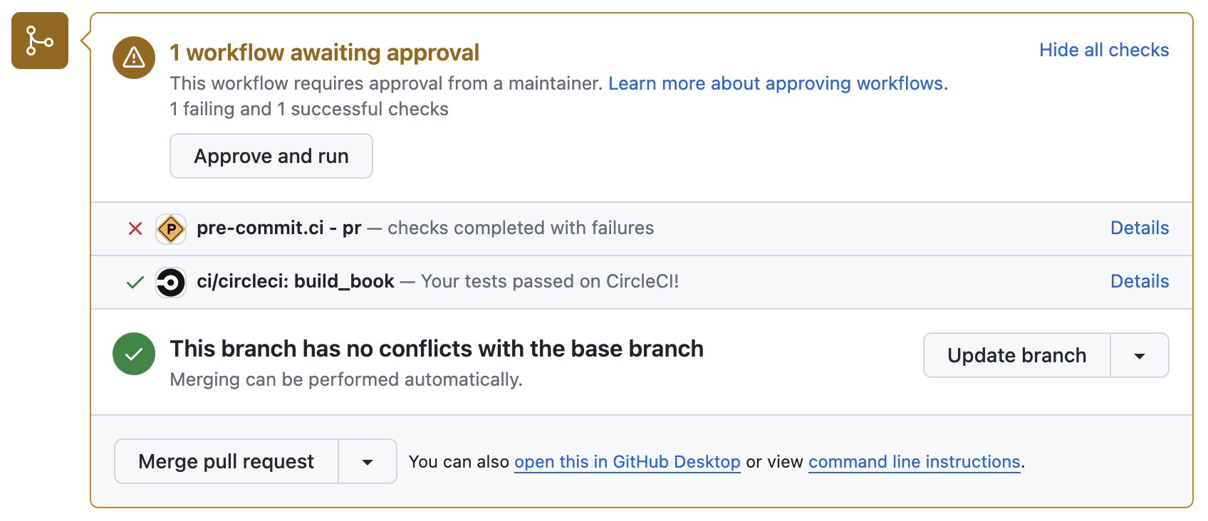 A screenshot of the GitHub CI notifications for a sample pyOpenSci repository. There are four rows of information. The first row reads "1 workflow awaiting approval. This workflow requires approval from a maintainer. Learn more about approving workflows. 1 failing and 1 successful checks. Underneath this text is a button that says "Approve and run." To the far right of the row is linked text reading Hide all checks. The text Learn more about approving workflows is linked. The second row has a red x on the left, followed by the letter P in a gold square, and the text pre-commit.ci - pr -- checks completed with failures. To the far right is linked text reading Details. On the third row there is a green check mark followed by the Circle CI logo and the text ci/circleci: build_book -- Your tests passed on CircleCI! And to the far right there is linked text reading Details. The fourth and final row has a small white checkmark inside a large green circle with text reading This branch has no conflicts with the base branch. Only those with write access to this repository can merge pull requests. The text write access is linked.