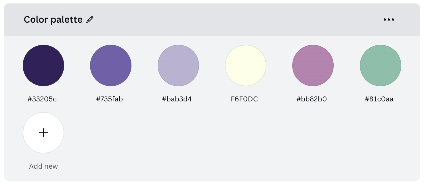 This is a series of color samples comprising the pyOpenSci color palette, which includes six equally-sized circles arranged in a single row. At the top of the image is the text 'Color palette.' The circles contain the following colors, with the corresponding hex code written beneath them: dark purple